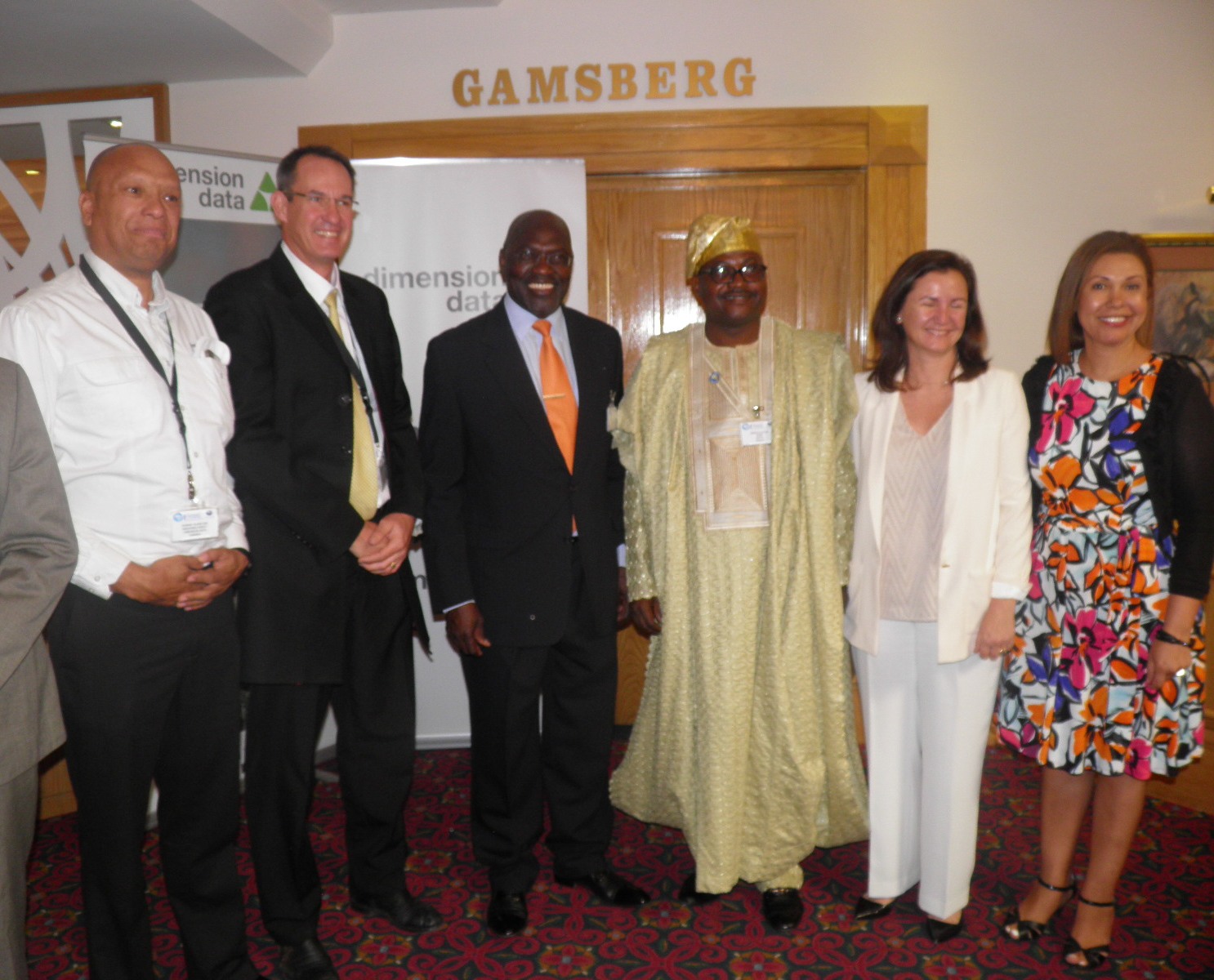 Namibia Minister and Dr Olufuye in the middle  with Dimension Data (Sponsor) Delegates
